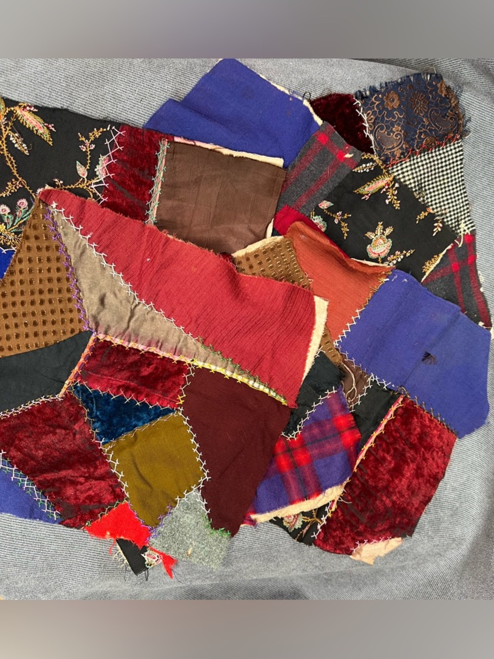 Antique Crazy Quilt Blocks W/ Embroidery Lot of 6 Wool Velvet 10x10 vintage